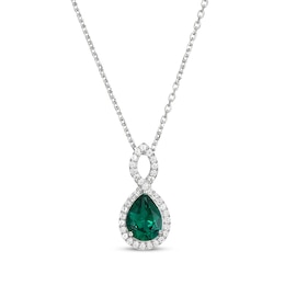 Pear-Shaped Lab-Created Emerald & White Lab-Created Sapphire Twist Frame Necklace Sterling Silver 18&quot;
