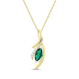 Marquise-Cut Lab-Created Emerald & Diamond Wishbone Necklace 1/10 ct tw 10K Yellow Gold 18&quot;