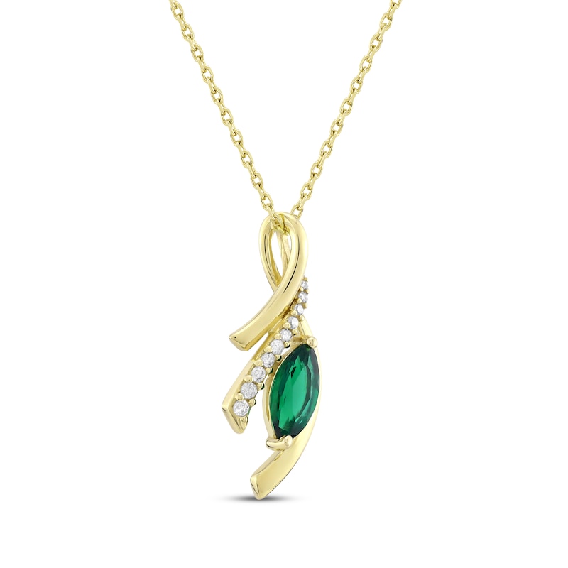 Main Image 2 of Marquise-Cut Lab-Created Emerald & Diamond Wishbone Necklace 1/10 ct tw 10K Yellow Gold 18&quot;