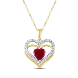 Heart-Shaped Lab-Created Ruby & Diamond Hearts Necklace 1/6 ct tw 10K Yellow Gold 18&quot;