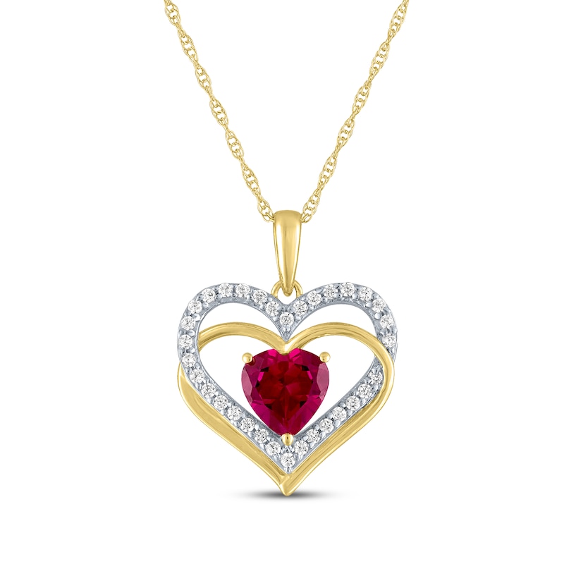 Main Image 1 of Heart-Shaped Lab-Created Ruby & Diamond Hearts Necklace 1/6 ct tw 10K Yellow Gold 18&quot;