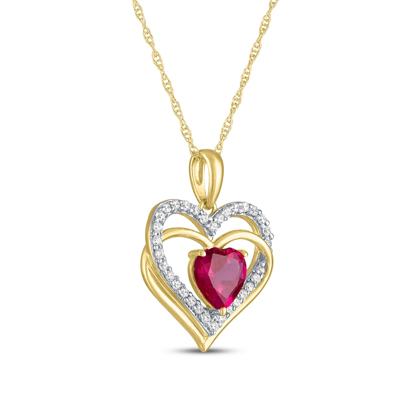 Main Image 2 of Heart-Shaped Lab-Created Ruby & Diamond Hearts Necklace 1/6 ct tw 10K Yellow Gold 18&quot;