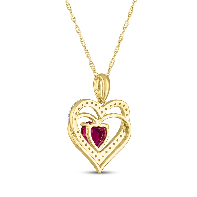 Main Image 3 of Heart-Shaped Lab-Created Ruby & Diamond Hearts Necklace 1/6 ct tw 10K Yellow Gold 18&quot;