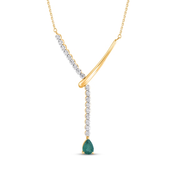 Pear-Shaped Natural Emerald & Diamond Curved Lariat Necklace 1/5 ct tw 10K Yellow Gold 18"