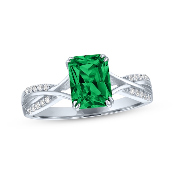 Emerald-Cut Lab-Created Emerald & Diamond Ring 1/20 ct tw Sterling Silver