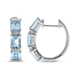 Emerald-Cut Aquamarine & Diamond Hoop Earrings 1/20 ct tw 10K White Gold
