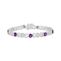 Heart-Shaped Amethyst & White Lab-Created Sapphire Heart Link Bracelet Sterling Silver 7.25&quot;