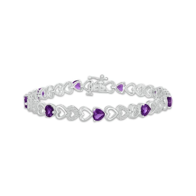 Heart-Shaped Amethyst & White Lab-Created Sapphire Heart Link Bracelet Sterling Silver 7.25"