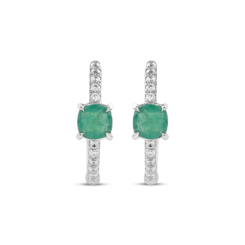 Cushion-Cut Natural Emerald & Diamond Hoop Earrings 1/8 ct tw Sterling Silver