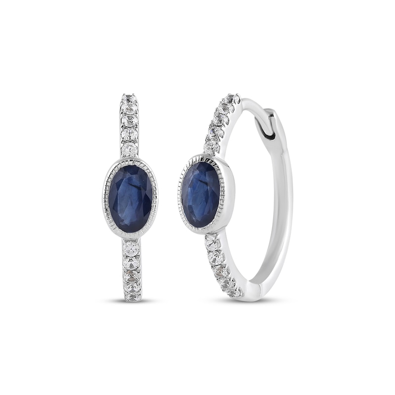 Main Image 1 of Oval-Cut Natural Blue Sapphire & Diamond Hoop Earrings 1/8 ct tw Sterling Silver