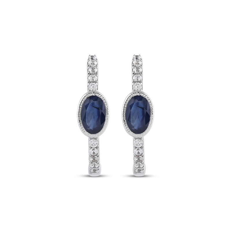 Main Image 2 of Oval-Cut Natural Blue Sapphire & Diamond Hoop Earrings 1/8 ct tw Sterling Silver