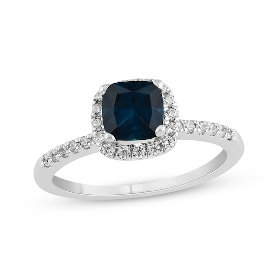 Cushion-Cut Blue Lab-Created Sapphire & Diamond Halo Ring 1/5 ct tw 10K White Gold