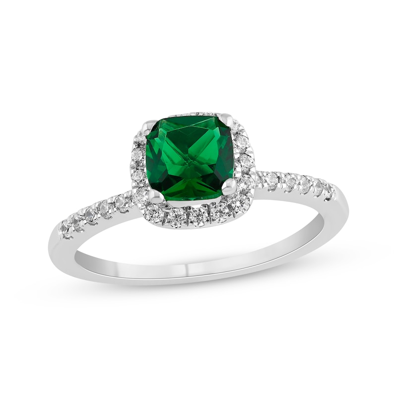 Main Image 1 of Cushion-Cut Lab-Created Emerald & Diamond Halo Ring 1/5 ct tw 10K White Gold