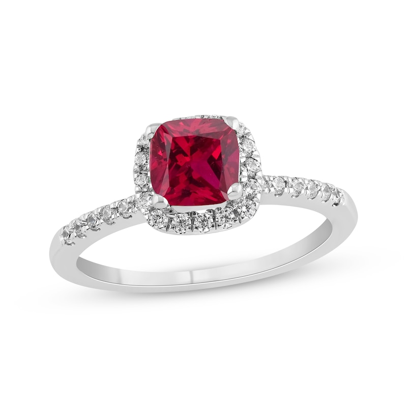 Main Image 1 of Cushion-Cut Lab-Created Ruby & Diamond Halo Ring 1/5 ct tw 10K White Gold