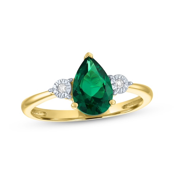 Pear-Shaped Lab-Created Emerald & Diamond Accent Ring 10K Yellow Gold