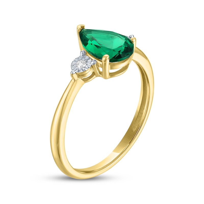 Main Image 2 of Pear-Shaped Lab-Created Emerald & Diamond Accent Ring 10K Yellow Gold