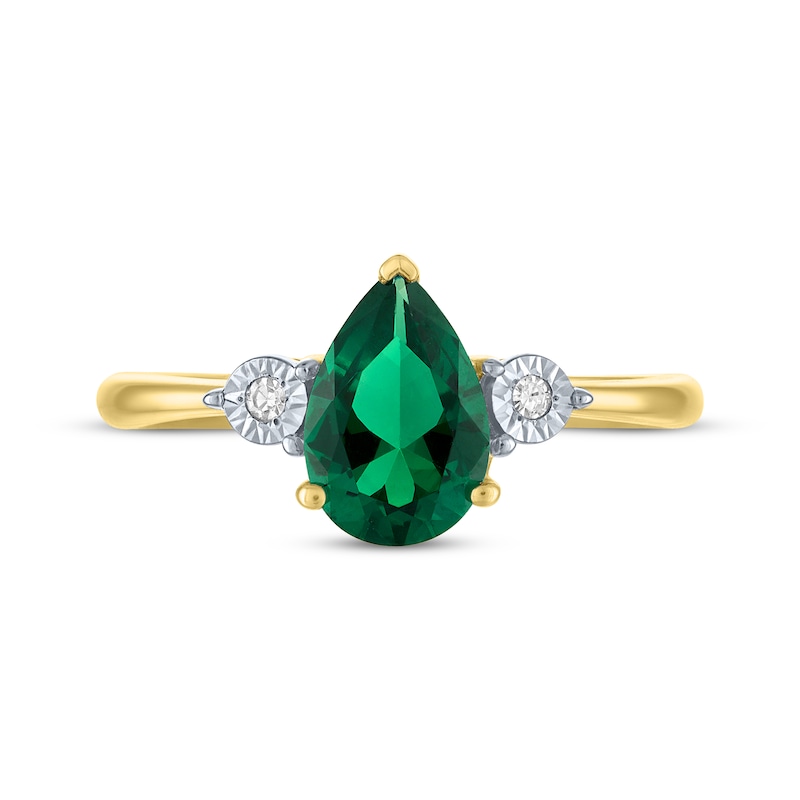 Main Image 3 of Pear-Shaped Lab-Created Emerald & Diamond Accent Ring 10K Yellow Gold