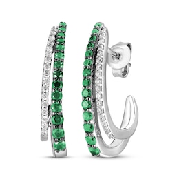 Lab-Created Emerald & White Lab-Created Sapphire Two-Row J-Hoop Earrings Sterling Silver