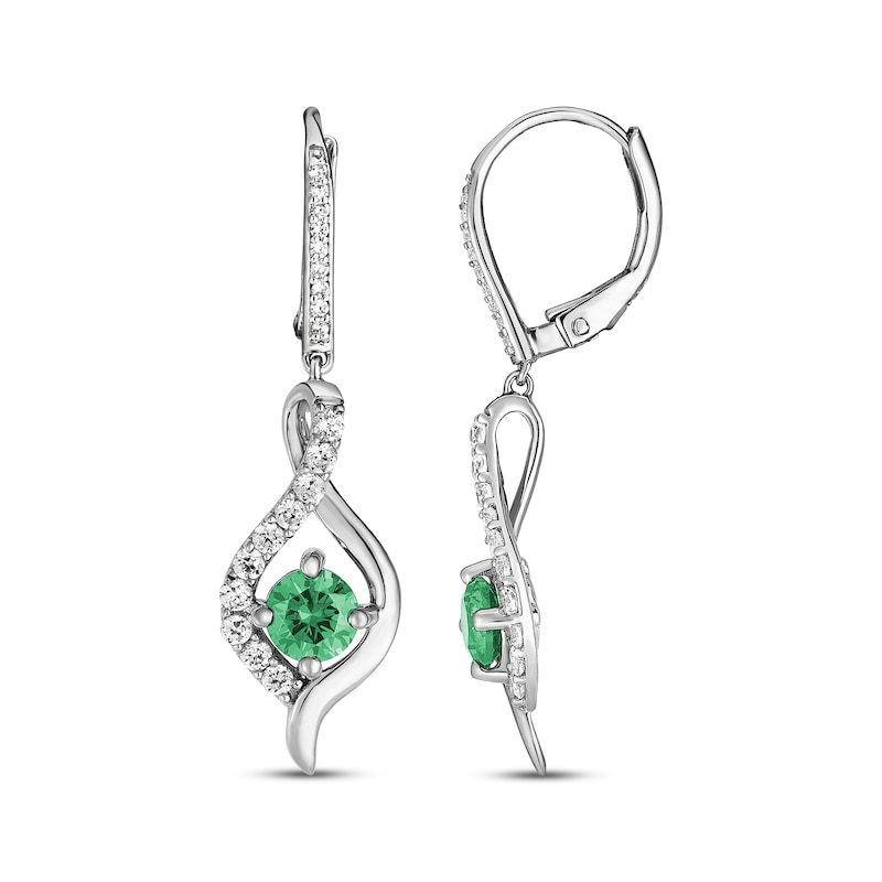 Lab-Created Emerald & White Lab-Created Sapphire Drop Earrings Sterling Silver