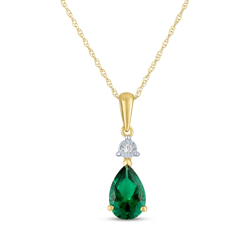 Main Image 1 of Pear-Shaped Lab-Created Emerald & Diamond Accent Necklace 10K Yellow Gold 18&quot;