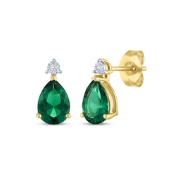 Pear-Shaped Lab-Created Emerald & Diamond Accent Earrings 10K Yellow Gold