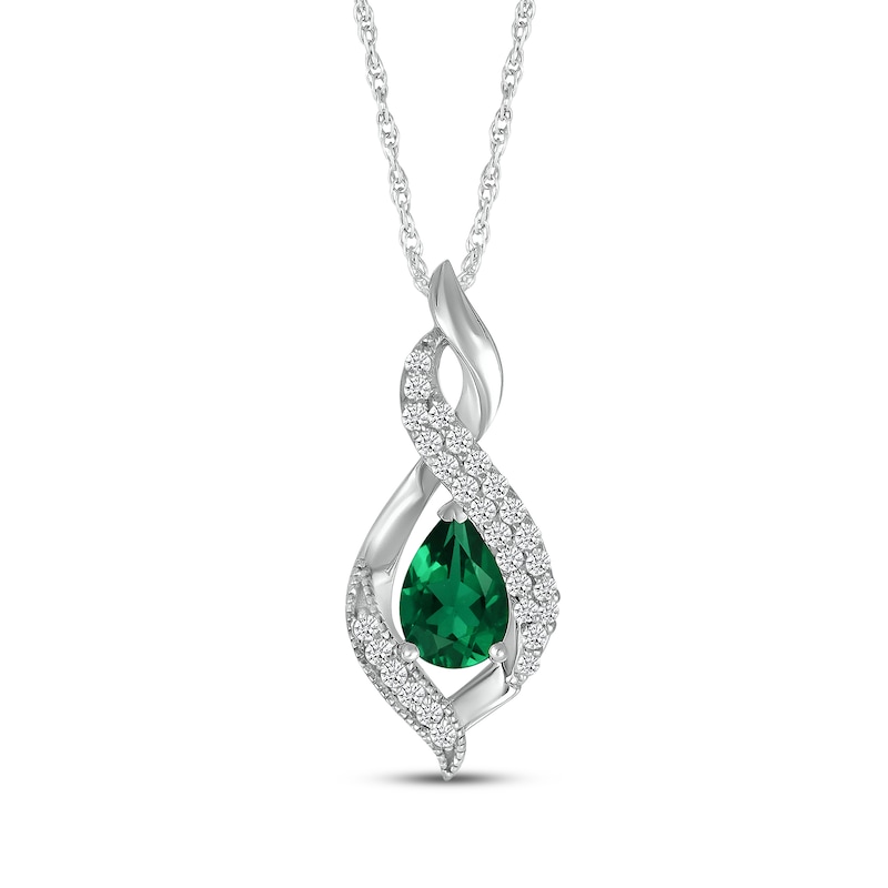 Main Image 1 of Pear-Shaped Lab-Created Emerald & White Lab-Created Sapphire Swirl Necklace Sterling Silver 18&quot;