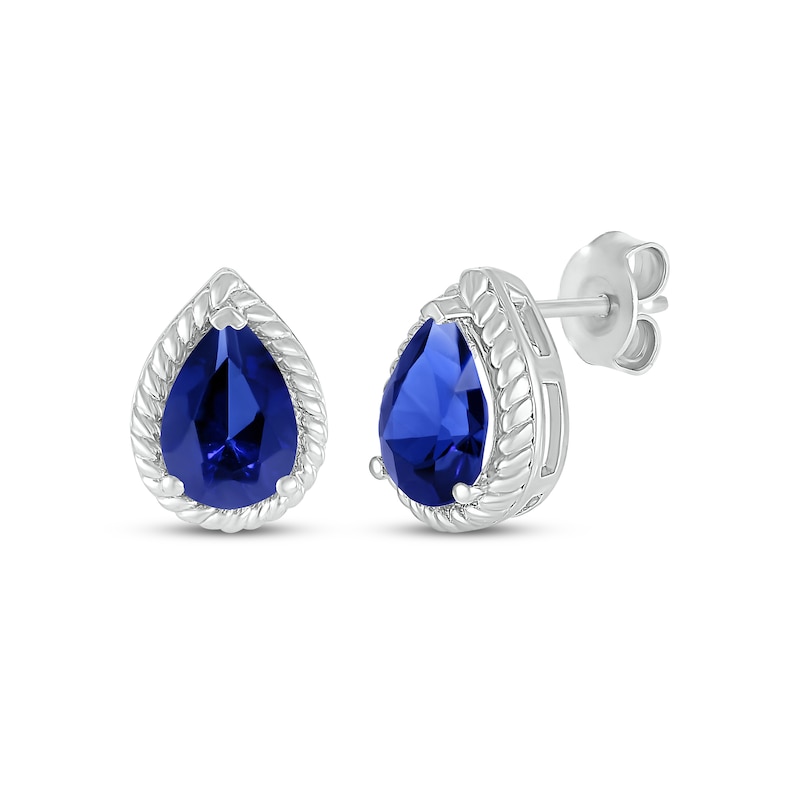 Main Image 1 of Pear-Shaped Blue Lab-Created Sapphire Rope Frame Stud Earrings Sterling Silver