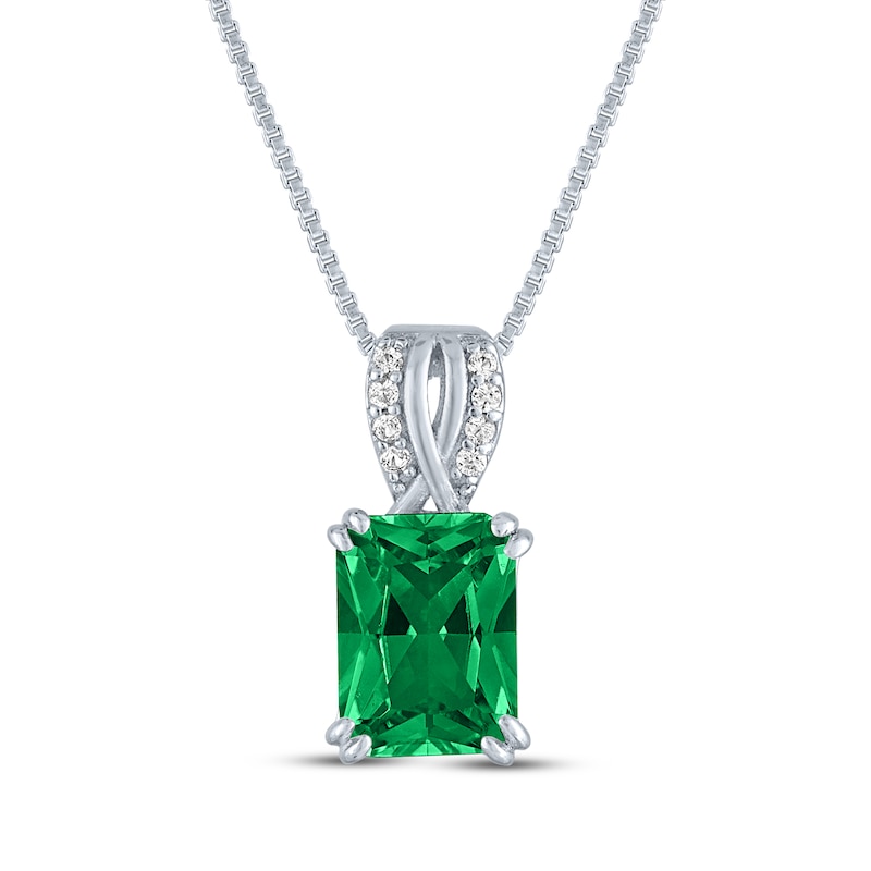 Main Image 1 of Emerald-Cut Lab-Created Emerald & Diamond Accent Necklace Sterling Silver 18&quot;