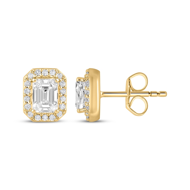 Main Image 1 of Lab-Grown Diamonds by KAY Emerald-Cut Halo Stud Earrings 3-1/2 ct tw 10K Yellow Gold