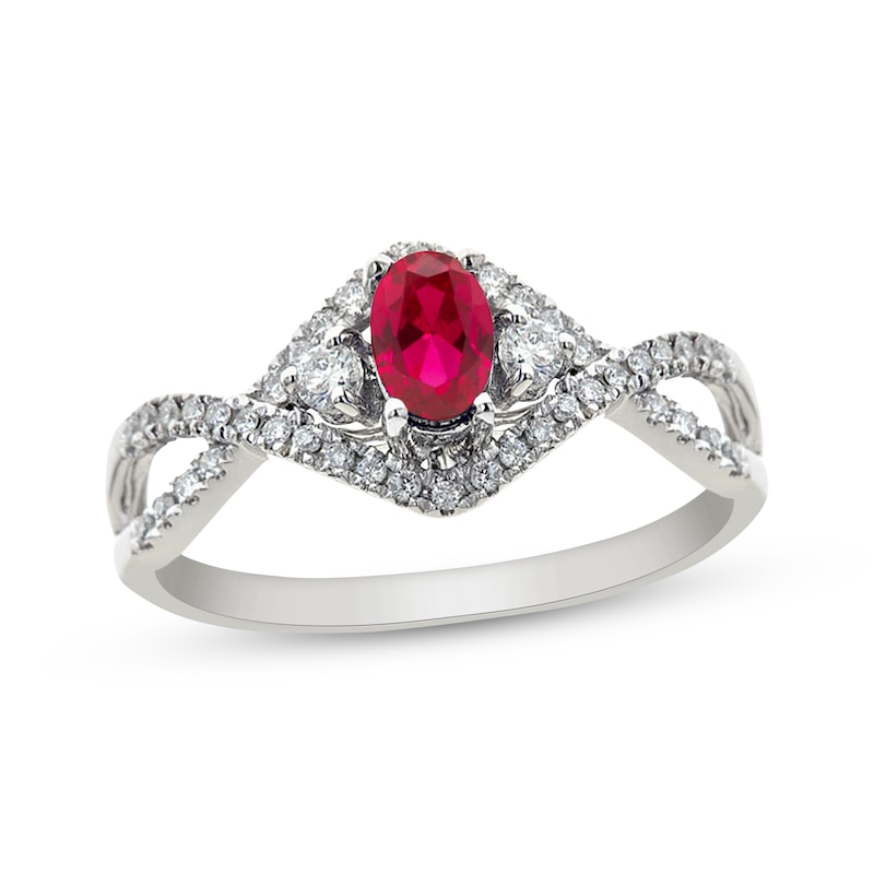 Main Image 1 of Oval-Cut Lab-Created Ruby & White Lab-Created Sapphire Crossover Ring Sterling Silver