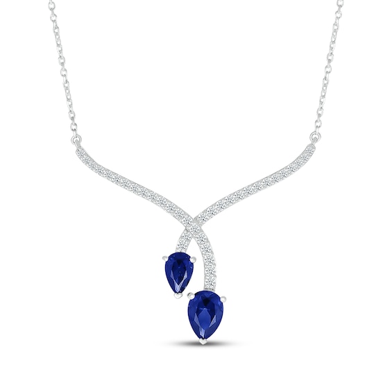Pear-Shaped Blue Lab-Created Sapphire & White Lab-Created Sapphire Chevron Necklace Sterling Silver 18"