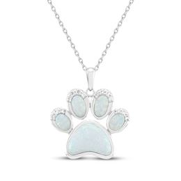 Lab-Created Opal & White Lab-Created Sapphire Paw Print Necklace Sterling Silver 18&quot;