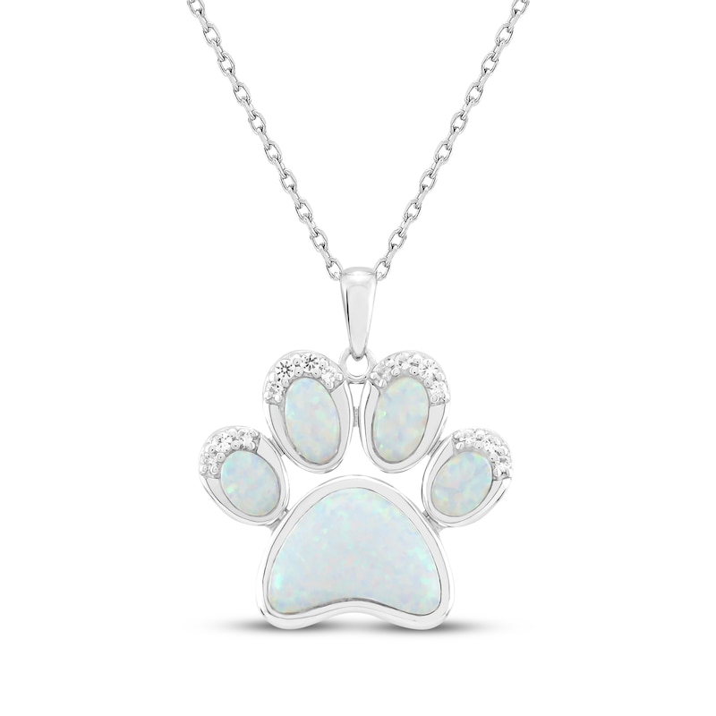 Main Image 1 of Lab-Created Opal & White Lab-Created Sapphire Paw Print Necklace Sterling Silver 18&quot;