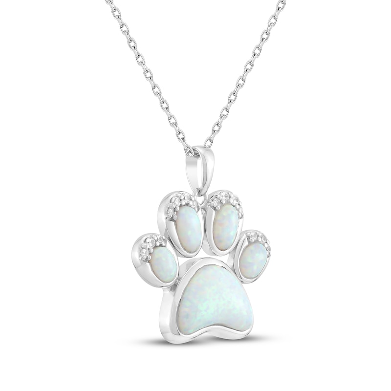 Main Image 2 of Lab-Created Opal & White Lab-Created Sapphire Paw Print Necklace Sterling Silver 18&quot;