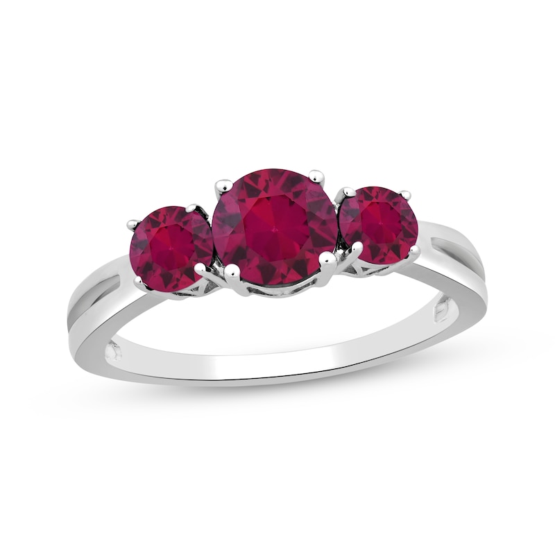 Main Image 1 of Lab-Created Ruby Three-Stone Ring Sterling Silver