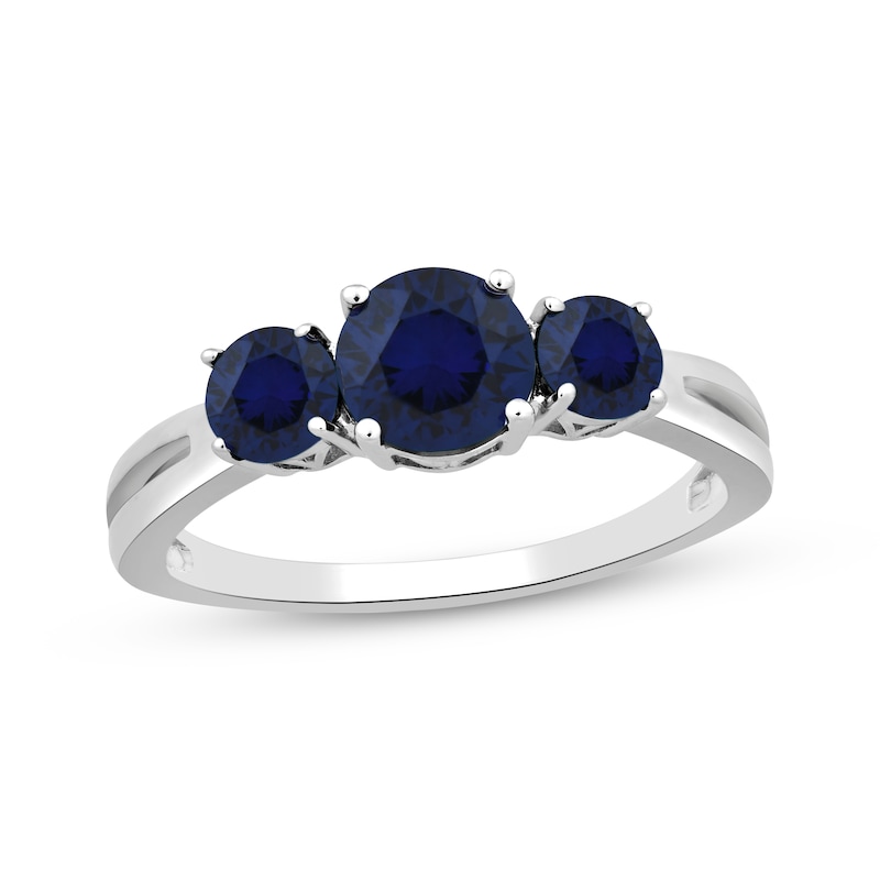 Main Image 1 of Blue Lab-Created Sapphire Three-Stone Ring Sterling Silver