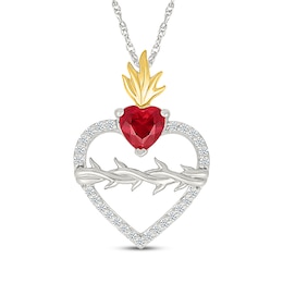 Heart-Shaped Lab-Created Ruby & White Lab-Created Sapphire Flame Necklace Sterling Silver & 10K Yellow Gold 18&quot;