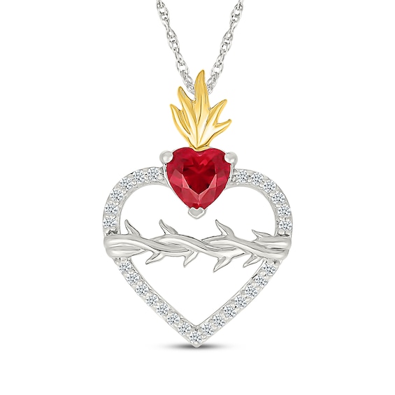 Heart-Shaped Lab-Created Ruby & White Lab-Created Sapphire Flame Necklace Sterling Silver & 10K Yellow Gold 18"