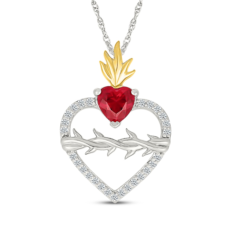 Main Image 1 of Heart-Shaped Lab-Created Ruby & White Lab-Created Sapphire Flame Necklace Sterling Silver & 10K Yellow Gold 18&quot;