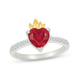 Heart-Shaped Lab-Created Ruby & White Lab-Created Sapphire Flame Ring Sterling Silver & 10K Yellow Gold