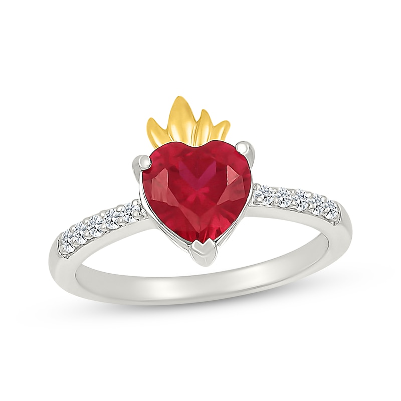 Main Image 1 of Heart-Shaped Lab-Created Ruby & White Lab-Created Sapphire Flame Ring Sterling Silver & 10K Yellow Gold