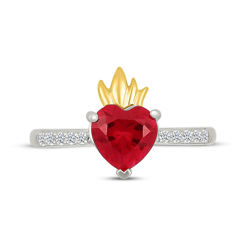 Main Image 4 of Heart-Shaped Lab-Created Ruby & White Lab-Created Sapphire Flame Ring Sterling Silver & 10K Yellow Gold