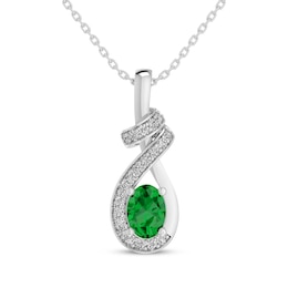 Oval-Cut Lab-Created Emerald & White Lab-Created Sapphire Swirl Necklace Sterling Silver 18&quot;