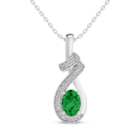 Oval-Cut Lab-Created Emerald & White Lab-Created Sapphire Swirl Necklace Sterling Silver 18"