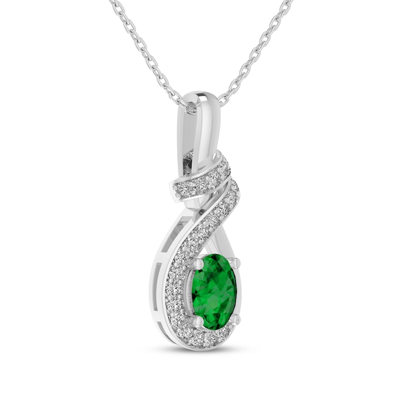 Main Image 2 of Oval-Cut Lab-Created Emerald & White Lab-Created Sapphire Swirl Necklace Sterling Silver 18&quot;