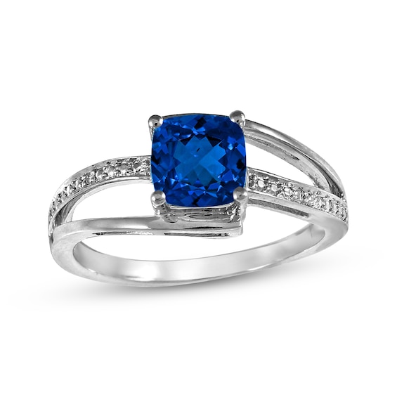 Cushion-Cut Blue Lab-Created Sapphire & Diamond Accent Ring Sterling Silver