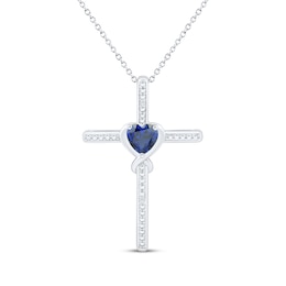 Heart-Shaped Blue Lab-Created Sapphire & White Lab-Created Sapphire Cross Necklace Sterling Silver 18&quot;