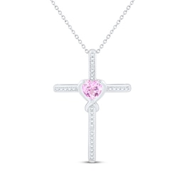 Heart-Shaped Pink Lab-Created Sapphire & White Lab-Created Sapphire Cross Necklace Sterling Silver 18&quot;