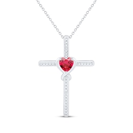 Heart-Shaped Lab-Created Ruby & White Lab-Created Sapphire Cross Necklace Sterling Silver 18&quot;