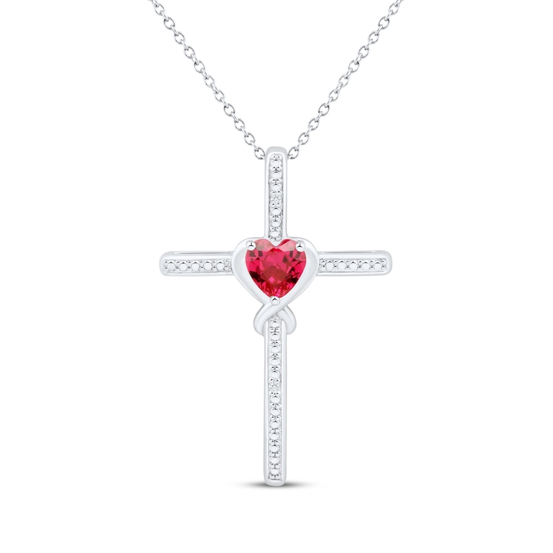 Main Image 1 of Heart-Shaped Lab-Created Ruby & White Lab-Created Sapphire Cross Necklace Sterling Silver 18&quot;